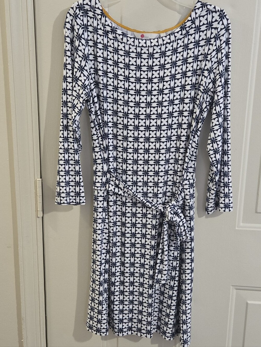 Boden Geometric Print Tie Waist Fit & Flare Jersey Dress Navy White 3/4 Sleeve 6